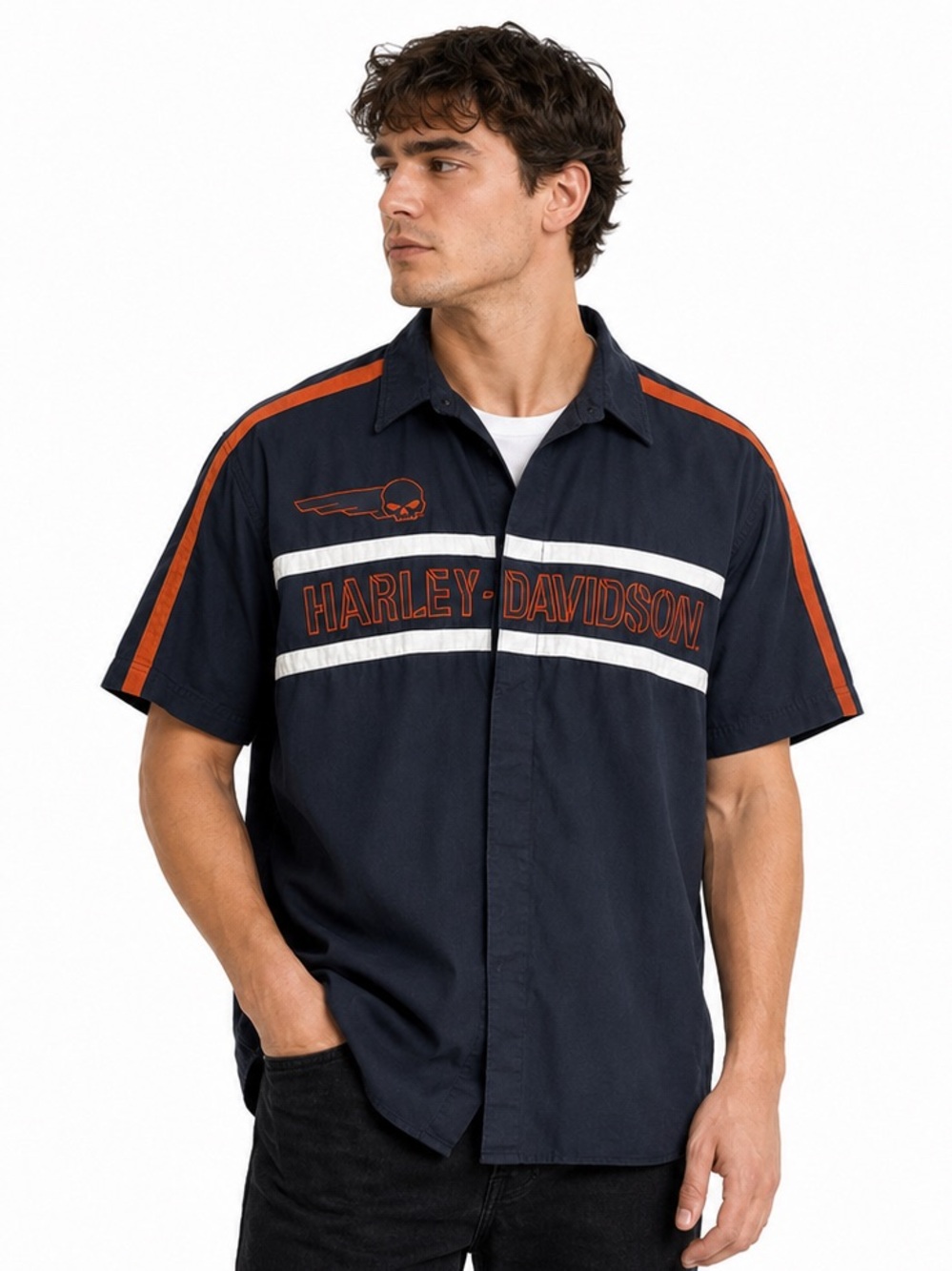 Harley-Davidson Men’s XXL Button Up Shirt Biker Racing Embroidered Cotton Logo